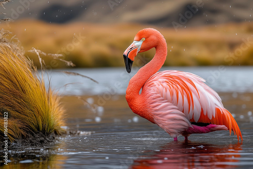 Graceful pink flamingo captured in a stunning close-up, highlighting its vibrant feathers, elegant curves, and serene beauty. A perfect representation of nature’s artistry. photo