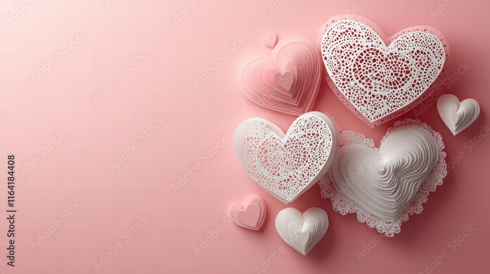 Obraz premium Romantic Paper Cut Hearts with Lace Borders on Pink Background - Valentine's Day Card Concept