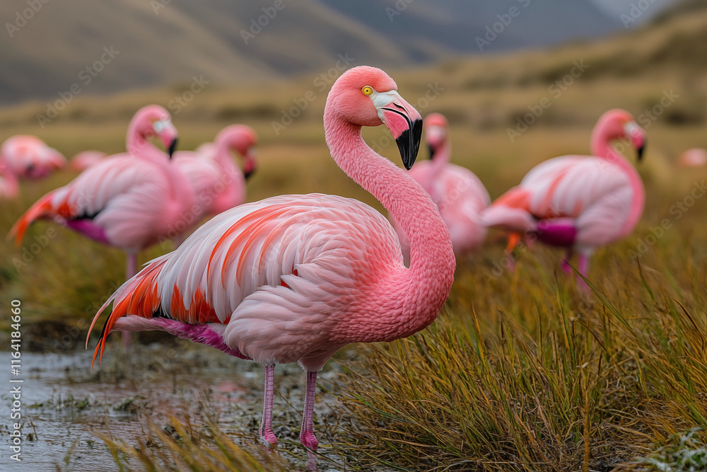 Fototapeta premium Graceful pink flamingo captured in a stunning close-up, highlighting its vibrant feathers, elegant curves, and serene beauty. A perfect representation of nature’s artistry.