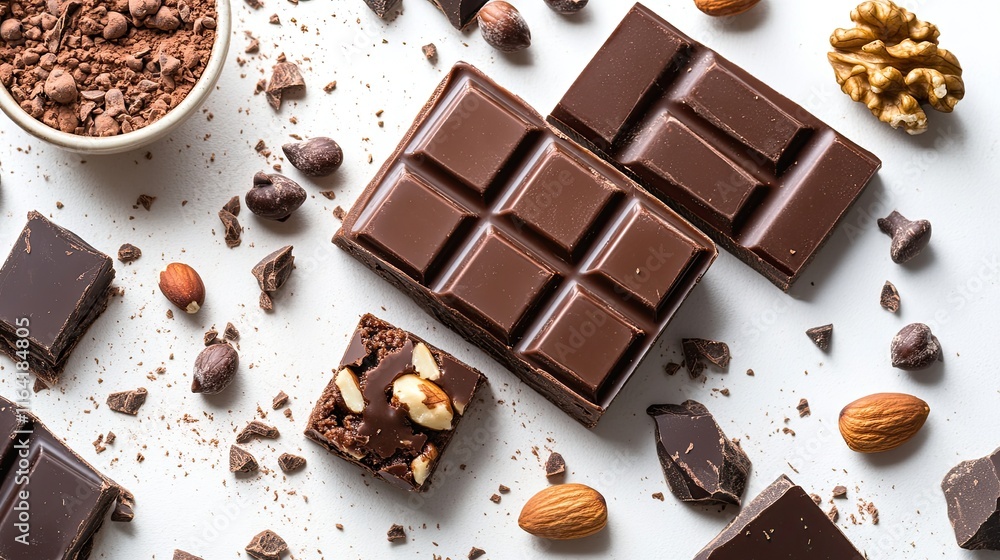 A few pieces of homemade healthy chocolate snack bars with cocoa and nuts, arranged neatly on a white surface. A few pieces of homemade healthy chocolate snack bars with cocoa and nuts, arranged neatly on a white surface.