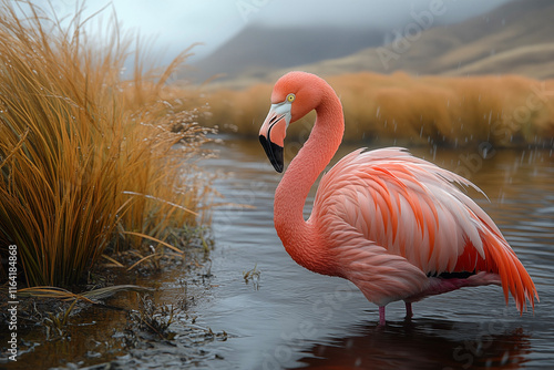 Graceful pink flamingo captured in a stunning close-up, highlighting its vibrant feathers, elegant curves, and serene beauty. A perfect representation of nature’s artistry. photo