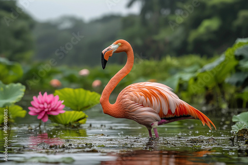 Graceful pink flamingo captured in a stunning close-up, highlighting its vibrant feathers, elegant curves, and serene beauty. A perfect representation of nature’s artistry. photo