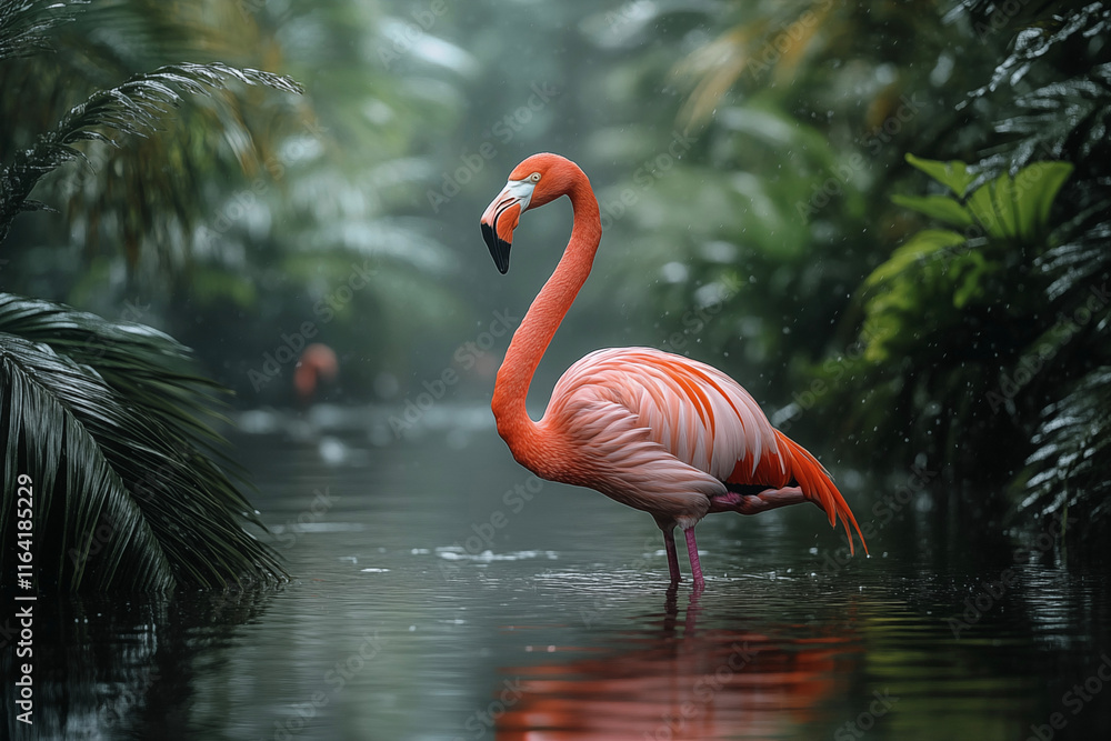 Fototapeta premium Graceful pink flamingo captured in a stunning close-up, highlighting its vibrant feathers, elegant curves, and serene beauty. A perfect representation of nature’s artistry.
