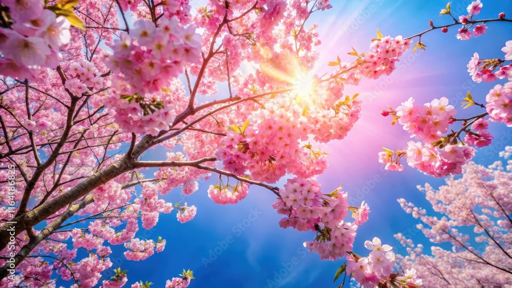 Colorful cherry blossoms in full bloom against a clear blue sky with a gentle warm light filtering through the trees , spring flowers, cherry blossom Colorful cherry blossoms in full bloom against a clear blue sky with a gentle warm light filtering through the trees , spring flowers, cherry blossom