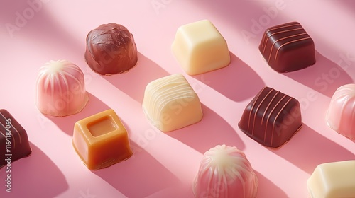 A mix of chocolate caramels and pralines, arranged artfully on a smooth surface with a soft gradient background. photo