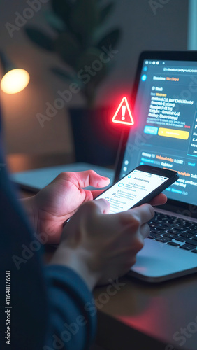 Warning about the use of virtual screen technology on smartphones, cyberattacks on networks or malicious software. Cyber Security and Crime, Compromised Internet Data, Privacy, Data Breach, Hacker.