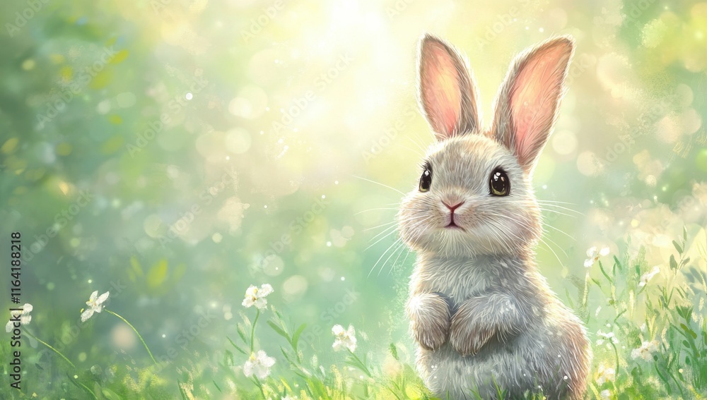 Adorable fluffy rabbit sitting in a sunlit meadow surrounded by delicate flowers and soft greenery, capturing the essence of a tranquil spring day in nature. Adorable fluffy rabbit sitting in a sunlit meadow surrounded by delicate flowers and soft greenery, capturing the essence of a tranquil spring day in nature.