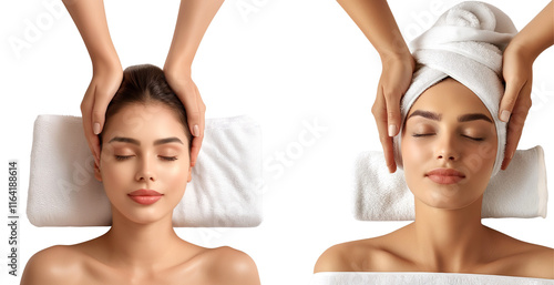 Young woman getting her head massage at a spa isolated on a transparent background, Cutout PNG