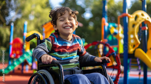 Special autistic spectrum disorder handicap kid colored black child smiles with a wheelchair playground in the background