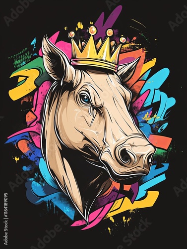 A majestic horse head portrait, adorned with a golden crown, set against a vibrant, abstract background of colorful splashes and graffiti-style elements. photo