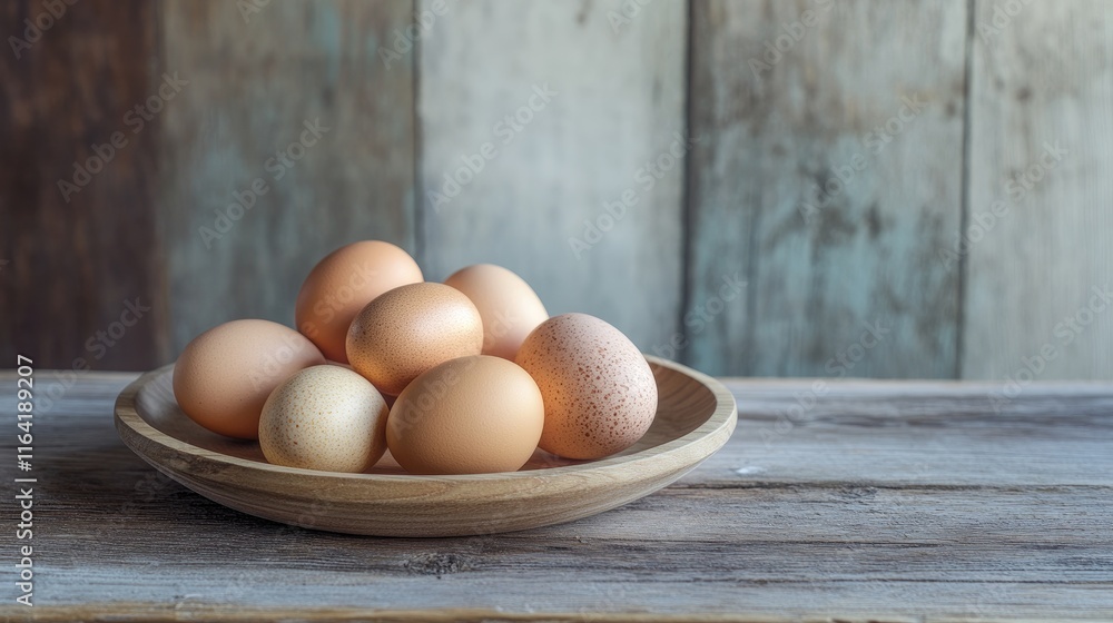 A simple wooden plate holding hand-dyed eggs in muted tones, set against a rustic wooden table with plenty of copy space. A simple wooden plate holding hand-dyed eggs in muted tones, set against a rustic wooden table with plenty of copy space.