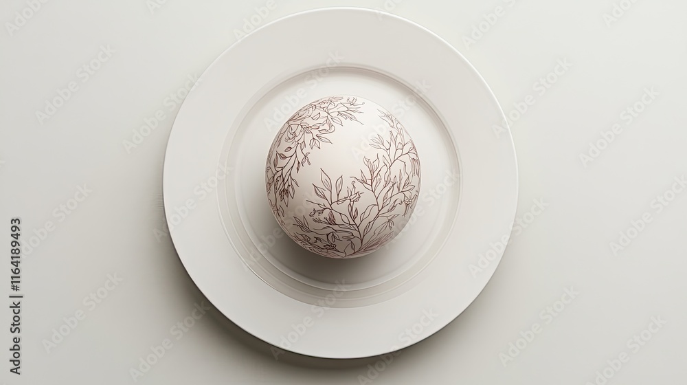 A single egg with subtle floral patterns, centered on a clean white plate, surrounded by negative space. A single egg with subtle floral patterns, centered on a clean white plate, surrounded by negative space.