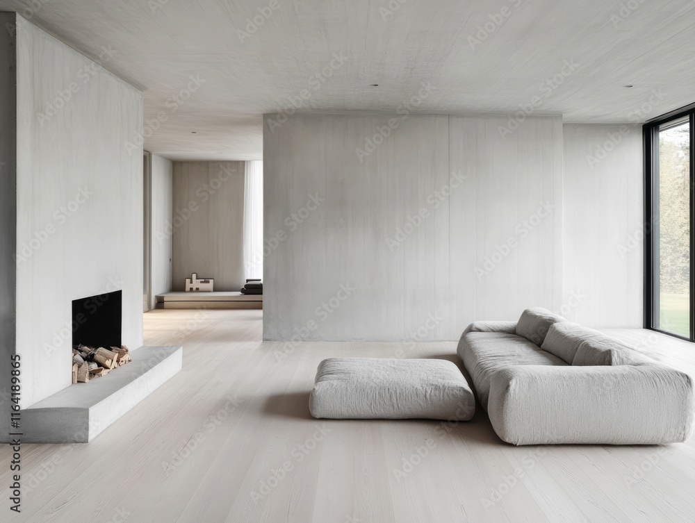 Fototapeta premium Minimalist Living Room Concrete Walls Light Wood Floor