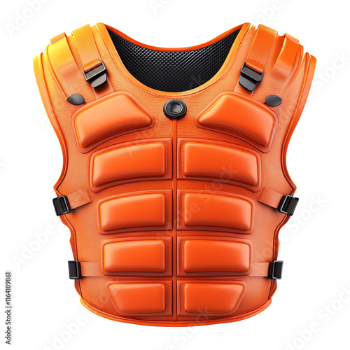 A vibrant orange protective vest designed for safety, featuring padded sections and adjustable straps for a secure fit. photo