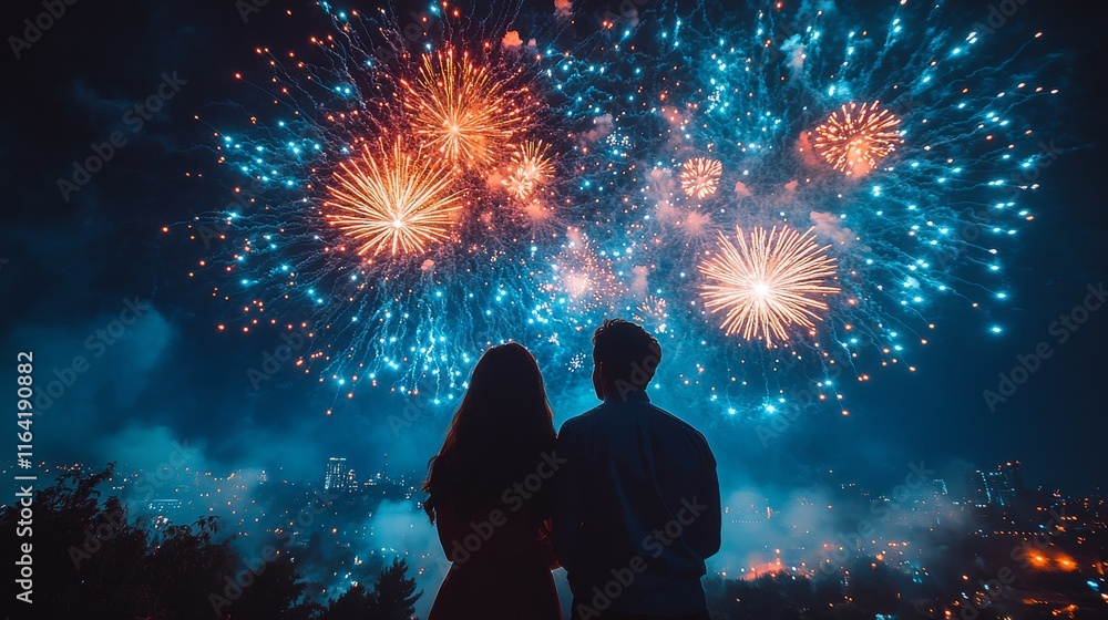 Silhouetted couple watching vibrant fireworks display at night. Silhouetted couple watching vibrant fireworks display at night.