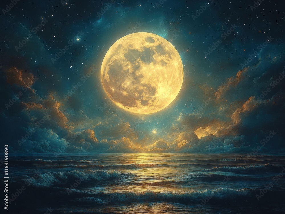Large full moon over a calm ocean at night. Large full moon over a calm ocean at night.