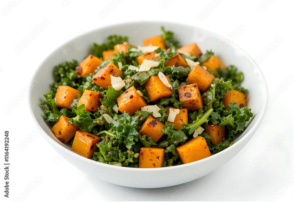Delicious Roasted Butternut Squash and Kale Salad in White Bowl Delicious Roasted Butternut Squash and Kale Salad in White Bowl