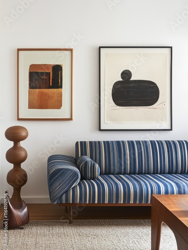 Modern Living Room Decor Featuring Abstract Art and Striped Sofa