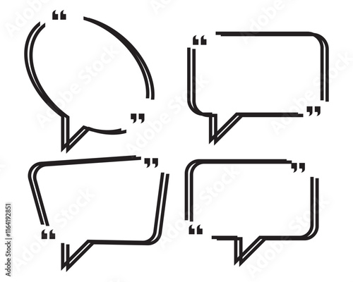 A set of stylish speech bubbles with quotation marks in various shapes. Perfect for quotes, dialogues, and text highlights in design projects. Includes rounded decorative designs.