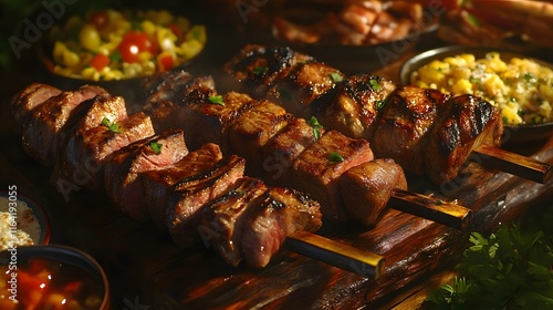 Close-up of Delicious Brazilian Churrasco Skewers on a Wooden Board