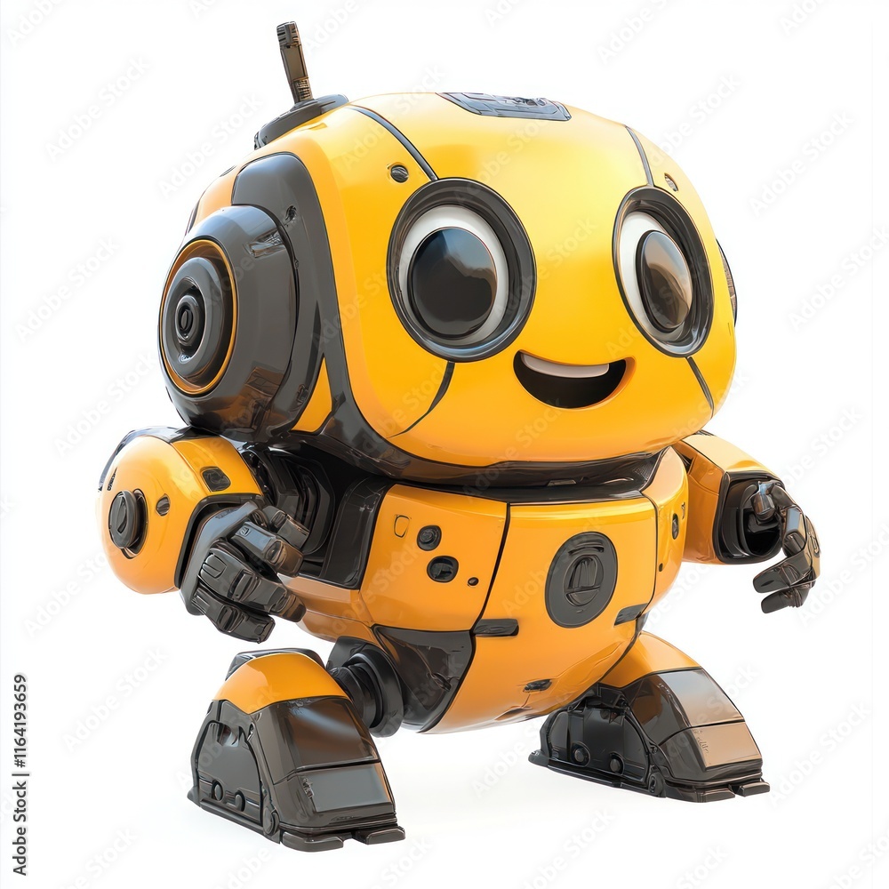 Tiny cleaning robot with a cheerful smile. vector style art 3d illustration Isolated on White Background Tiny cleaning robot with a cheerful smile. vector style art 3d illustration Isolated on White Background