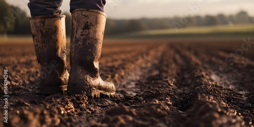 Close Up of Farmers Boots Covered in Mud on Agricultural Field