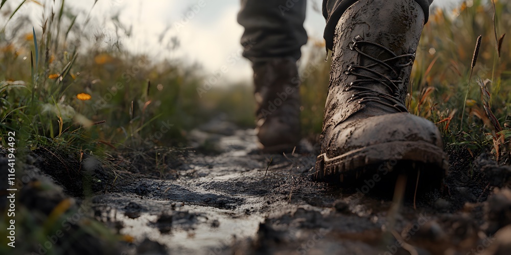 Farmers Walking on Muddy Path Close-Up Shot of Muddy Boots Farmers Walking on Muddy Path Close-Up Shot of Muddy Boots