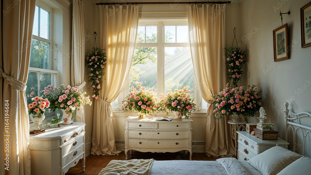 Fototapeta premium Sunlit Floral Bedroom with Elegant Decor and Serene Morning Ambience 
