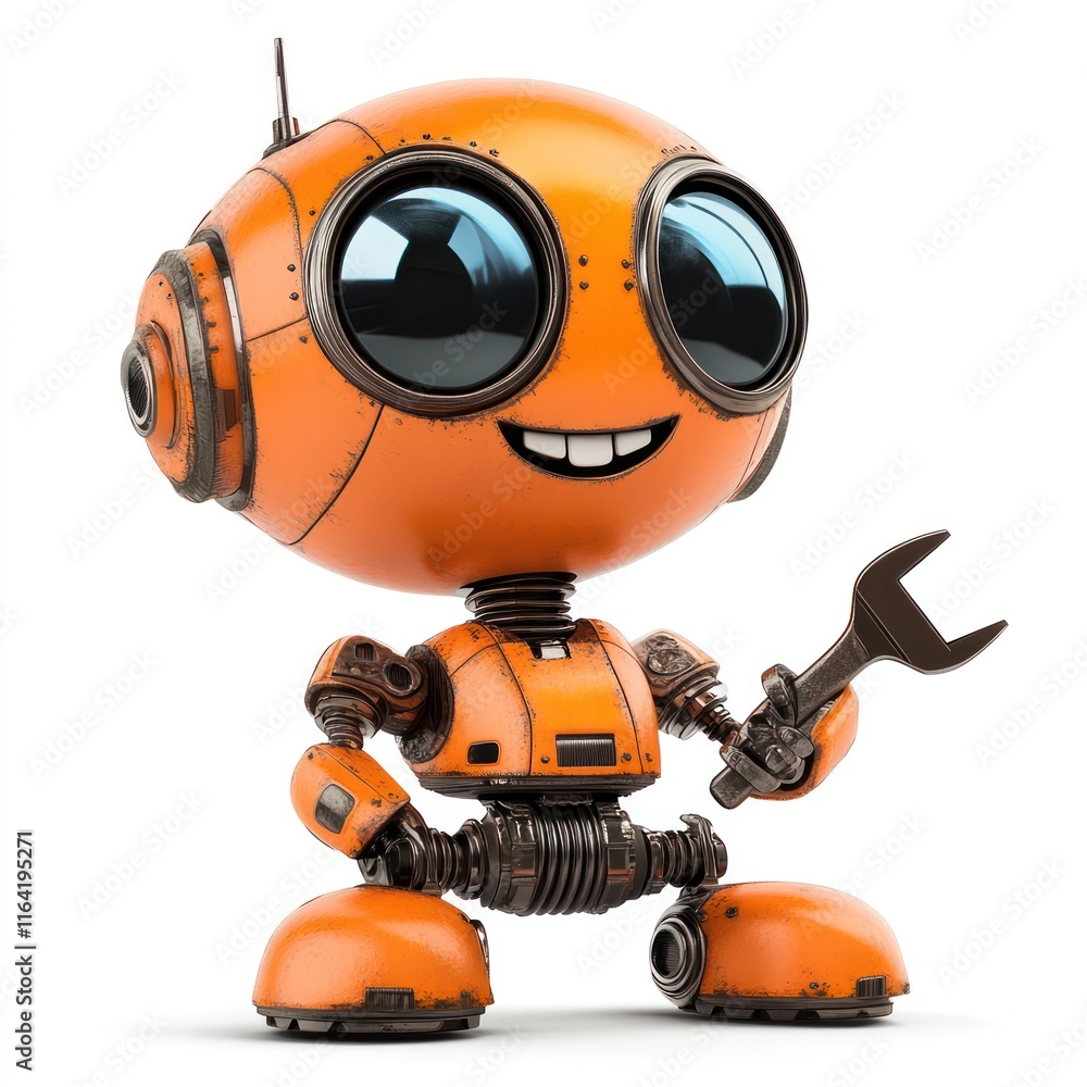 Tiny mechanic bot with a wrench and big smile. vector style art 3d illustration Isolated on White Background Tiny mechanic bot with a wrench and big smile. vector style art 3d illustration Isolated on White Background