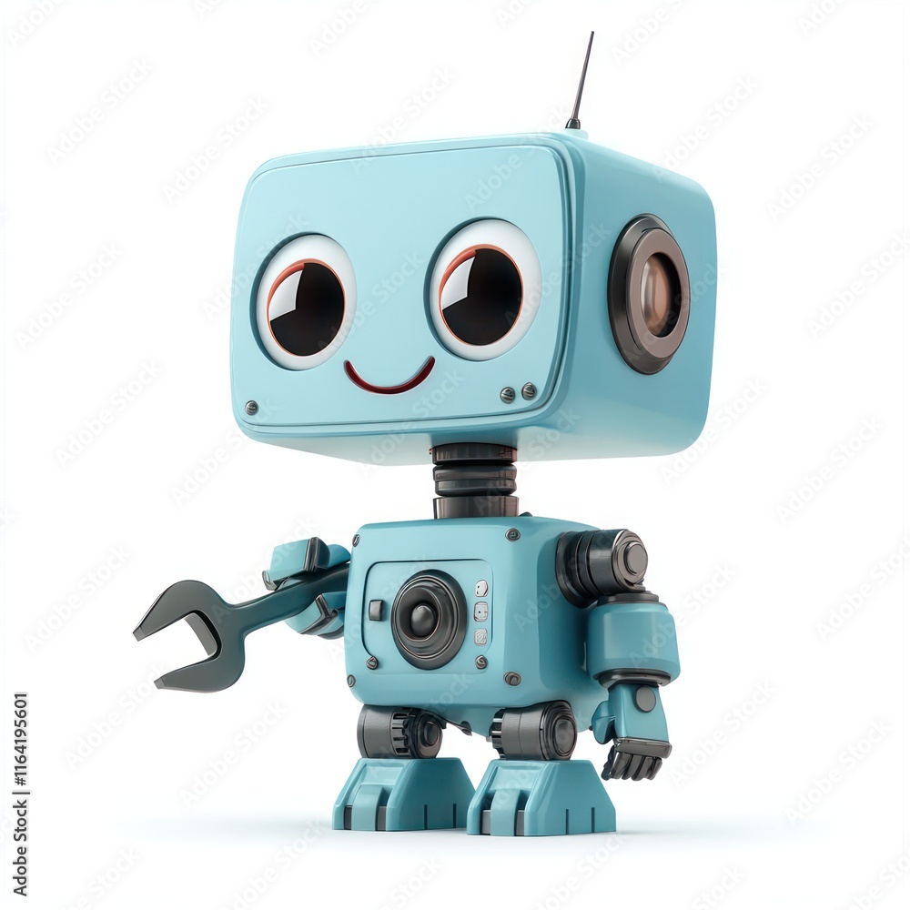 Tiny mechanic bot with a wrench and big smile. vector style art 3d illustration Isolated on White Background Tiny mechanic bot with a wrench and big smile. vector style art 3d illustration Isolated on White Background