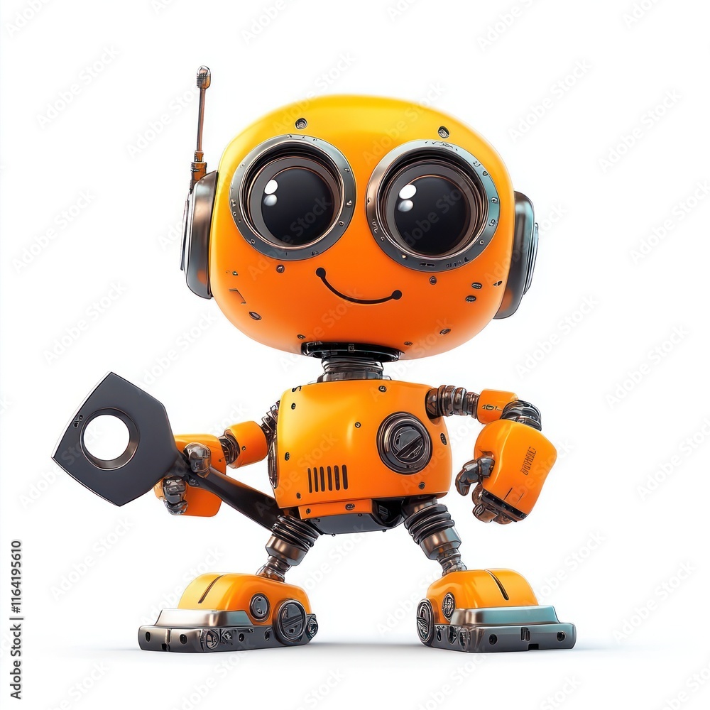 Tiny mechanic bot with a wrench and big smile. vector style art 3d illustration Isolated on White Background Tiny mechanic bot with a wrench and big smile. vector style art 3d illustration Isolated on White Background