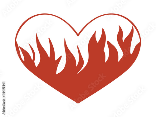 A vibrant red heart with flames inside, set against a clean white background. A bold and passionate symbol of love and energy.