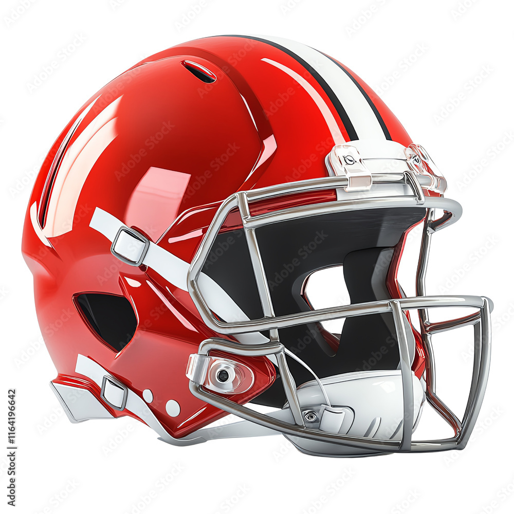 A vibrant red football helmet with white stripes and a metallic faceguard, showcasing a sleek design. A vibrant red football helmet with white stripes and a metallic faceguard, showcasing a sleek design.