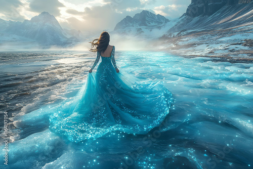 Woman in sparkling blue dress on icy landscape scenery