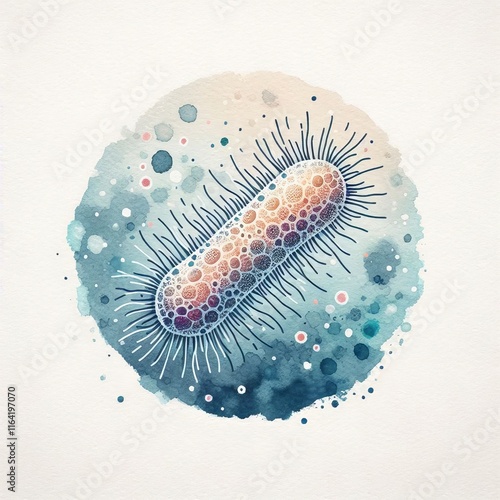 A vibrant watercolor illustration of a bacterium, showcasing its detailed structure and colorful, abstract design photo