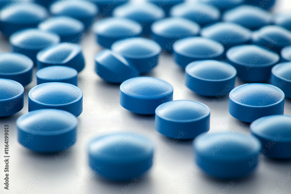 Blue pills on white background. High-resolution close-up image. Blue pills on white background. High-resolution close-up image.