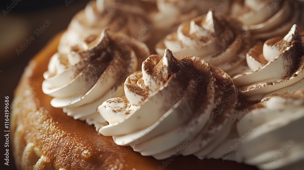 Close-Up of Pumpkin Pie Topped with Whipped Cream and Cocoa Powder Close-Up of Pumpkin Pie Topped with Whipped Cream and Cocoa Powder