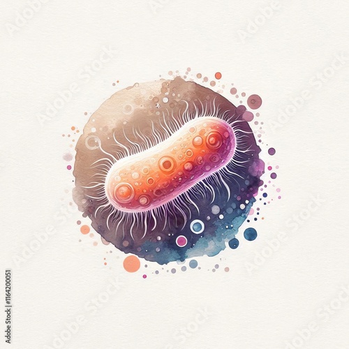 A vibrant watercolor illustration of a bacterium, showcasing its detailed structure and colorful, abstract design photo