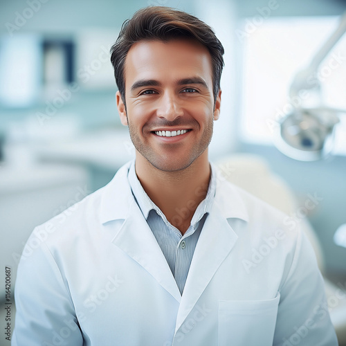 Dentista sorridente em consultório moderno com jaleco branco