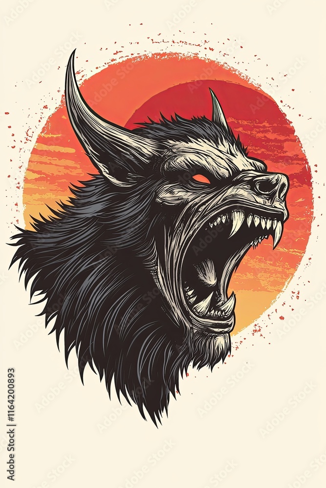 Obraz premium Aggressive werewolf head illustration against a sunset backdrop.