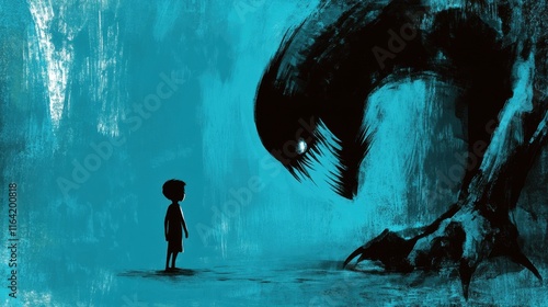 Boy Confronts Mysterious Creature in Dark Surreal Landscape