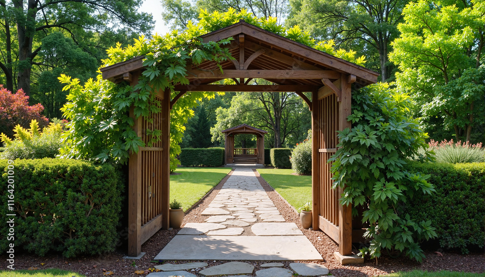 Garden arbor with ivy, stone pathway leading to a serene retreat, lush greenery surrounding Garden arbor with ivy, stone pathway leading to a serene retreat, lush greenery surrounding