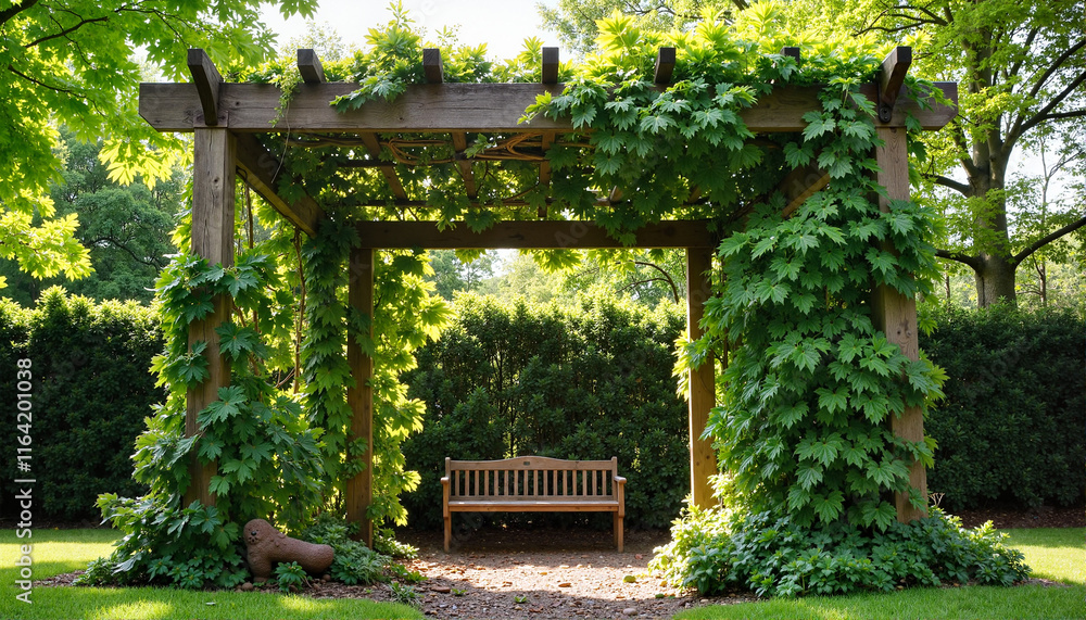 Garden arbor with ivy, inviting bench underneath, lush greenery creating a tranquil escape
