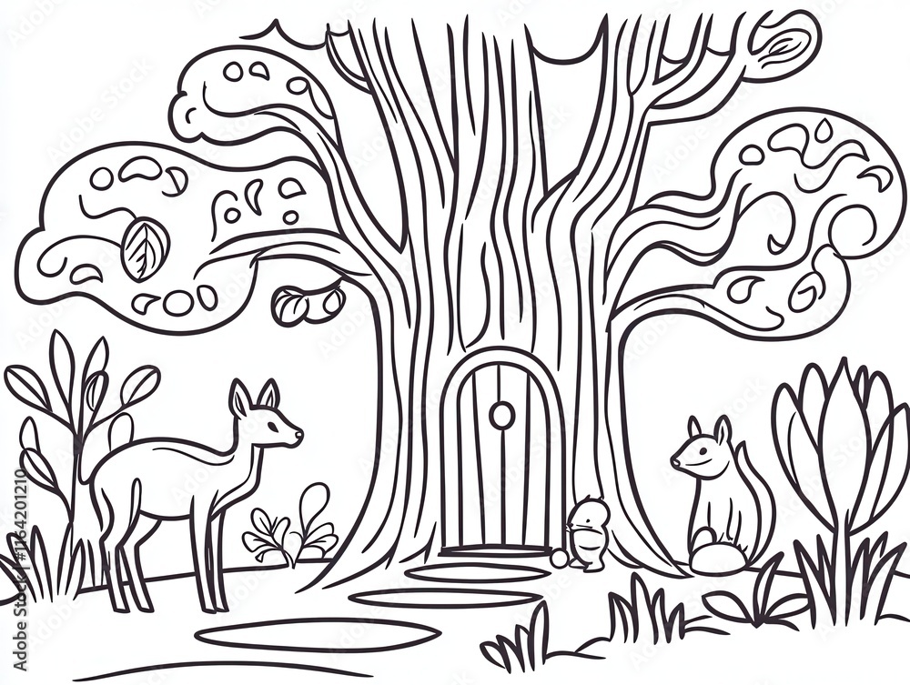 Fototapeta premium A magical woodland coloring book scene featuring an ancient tree with a glowing doorway, deer grazing nearby, and squirrels gathering acorns. Add intricate bark textures, swirling patterns on 