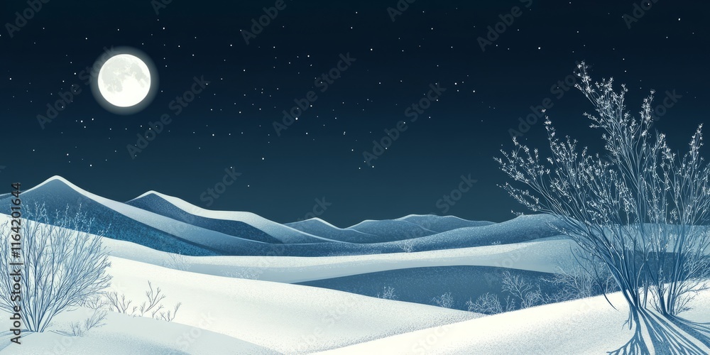 Naklejka premium Moonlit desert scene card design in silver and midnight blue