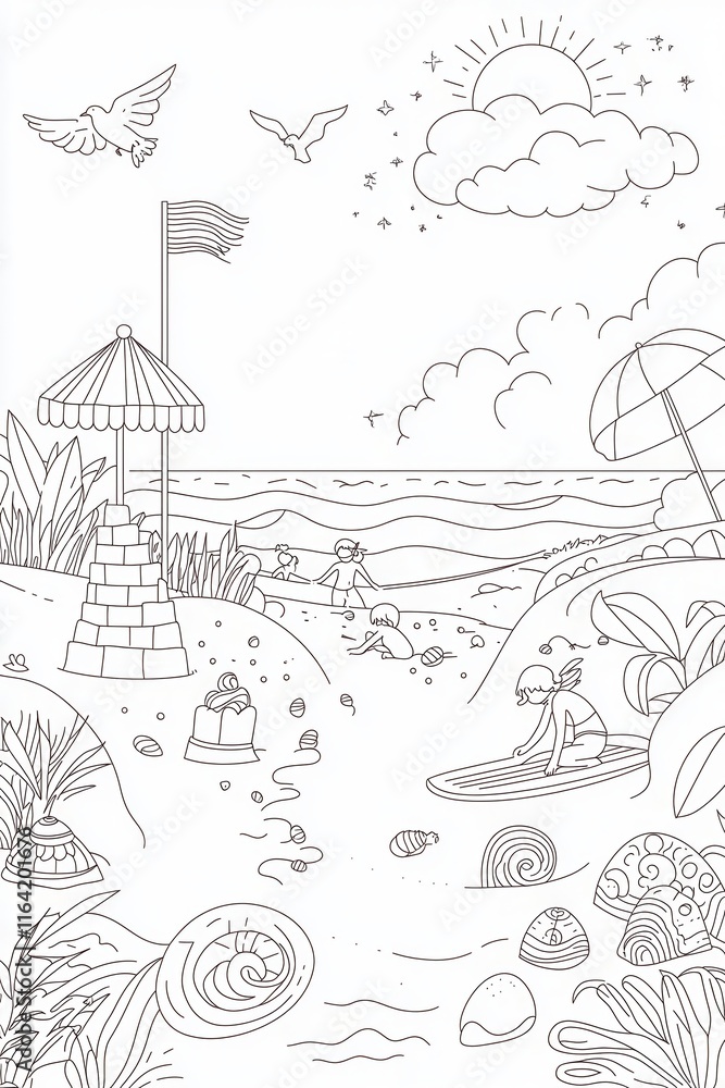 Fototapeta premium A peaceful beachside coloring book illustration featuring children building sandcastles, surfers riding waves, and seagulls flying above. Add seashells scattered on the sand, intricate patterns 