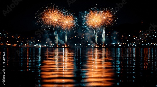 Vibrant fireworks display over calm water at night, reflecting lights in the dark water. photo