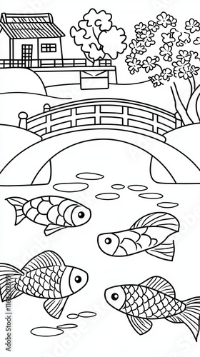 Wallpaper Mural A serene garden coloring book page with a koi pond, a wooden bridge crossing over it, and blooming cherry blossom trees. Add reflections of the flowers in the water and intricate scales on the  Torontodigital.ca