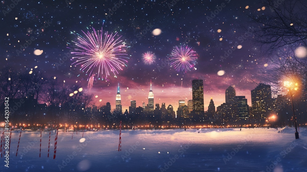 Snowy city skyline with fireworks at night.