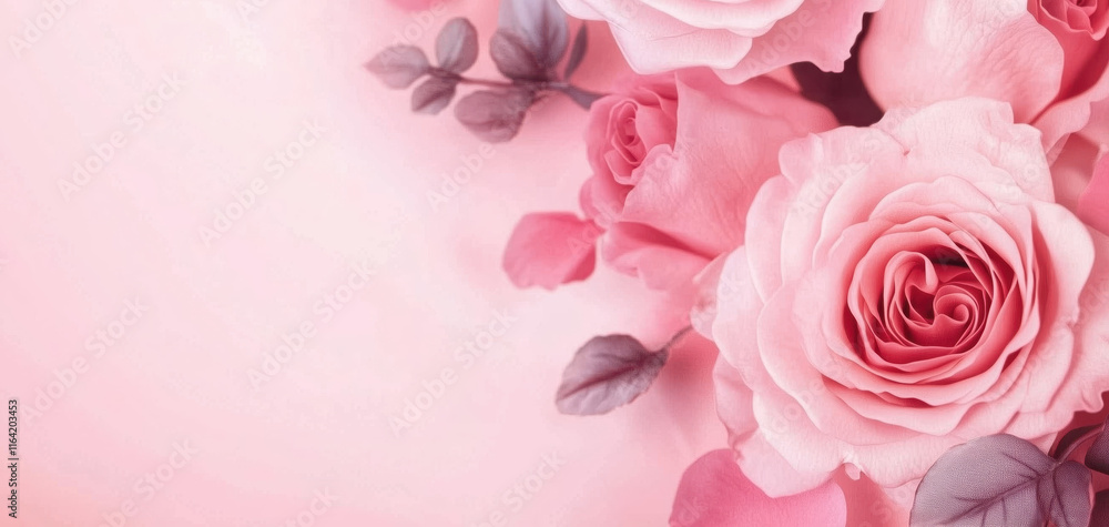A collection of pink roses is showcased with lush green and purple leaves against a light pastel background, ideal for decorative purposes and floral arrangements. A collection of pink roses is showcased with lush green and purple leaves against a light pastel background, ideal for decorative purposes and floral arrangements.